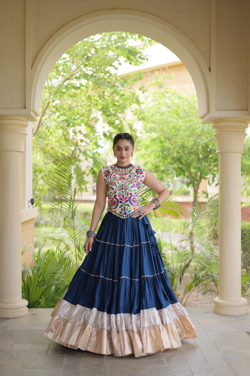 Navy Blue Kutchi Work Lehenga Choli with 12 Meter Flair