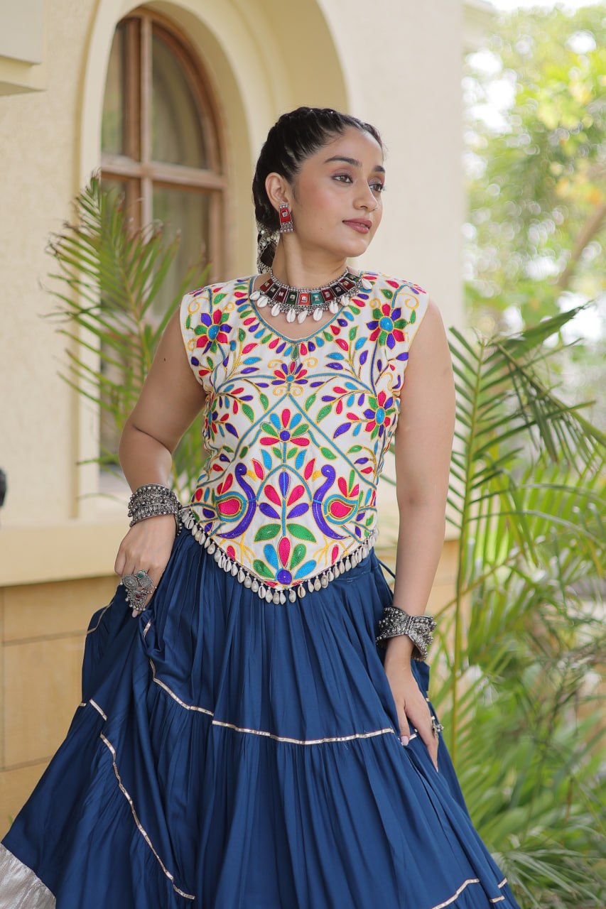 Navy Blue Kutchi Work Lehenga Choli with 12 Meter Flair