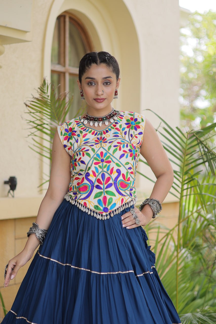 Navy Blue Kutchi Work Lehenga Choli with 12 Meter Flair