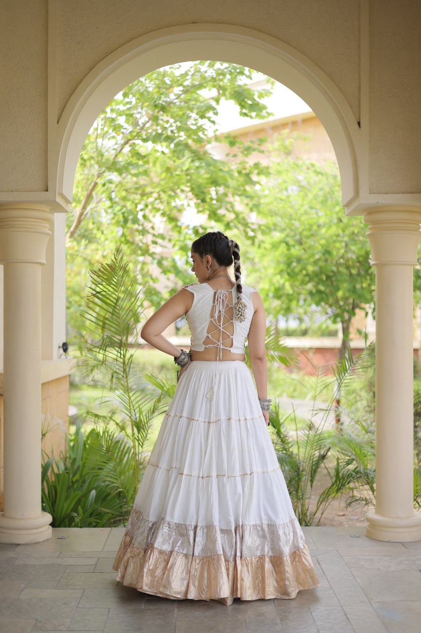 Ivory White Kutchi Work Lehenga Choli with 12 Meter Flair