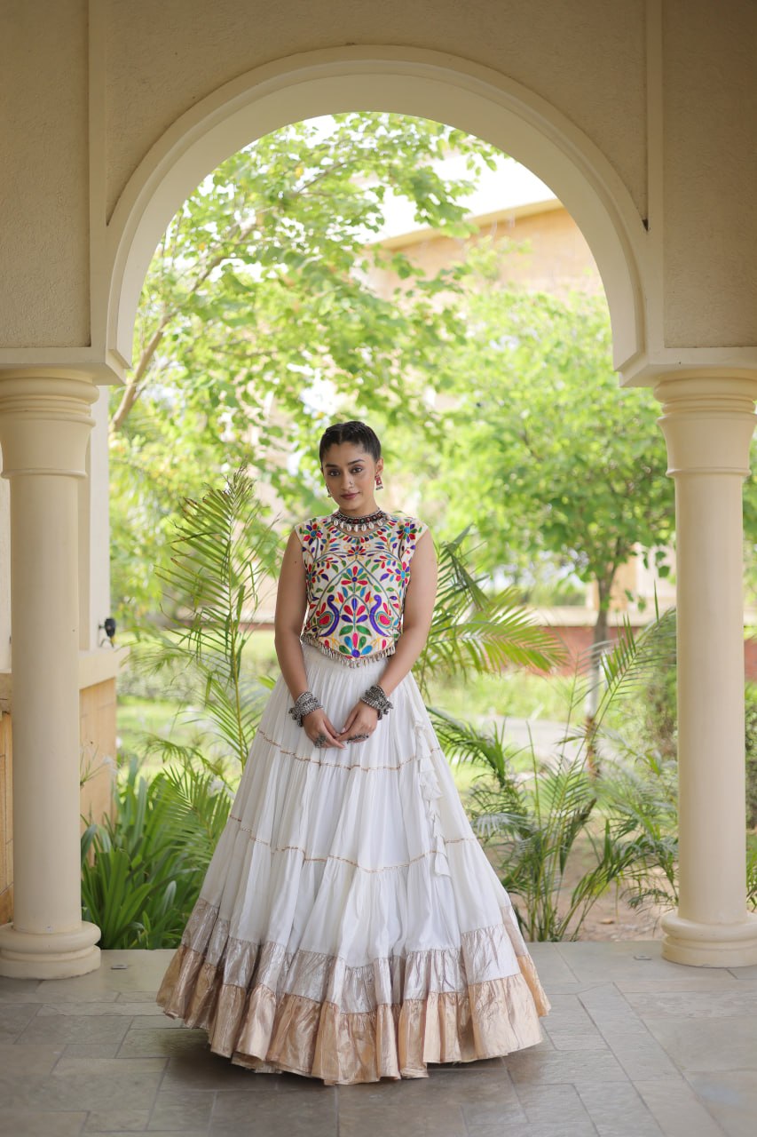 Ivory White Kutchi Work Lehenga Choli with 12 Meter Flair
