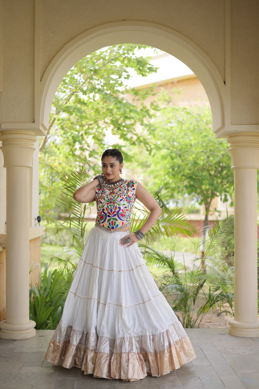 Ivory White Kutchi Work Lehenga Choli with 12 Meter Flair