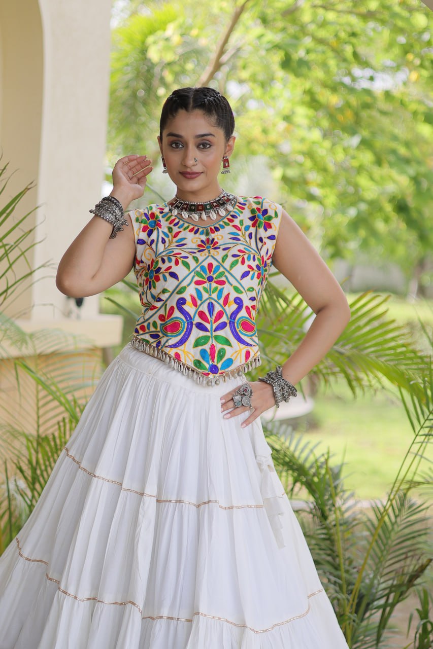 Ivory White Kutchi Work Lehenga Choli with 12 Meter Flair