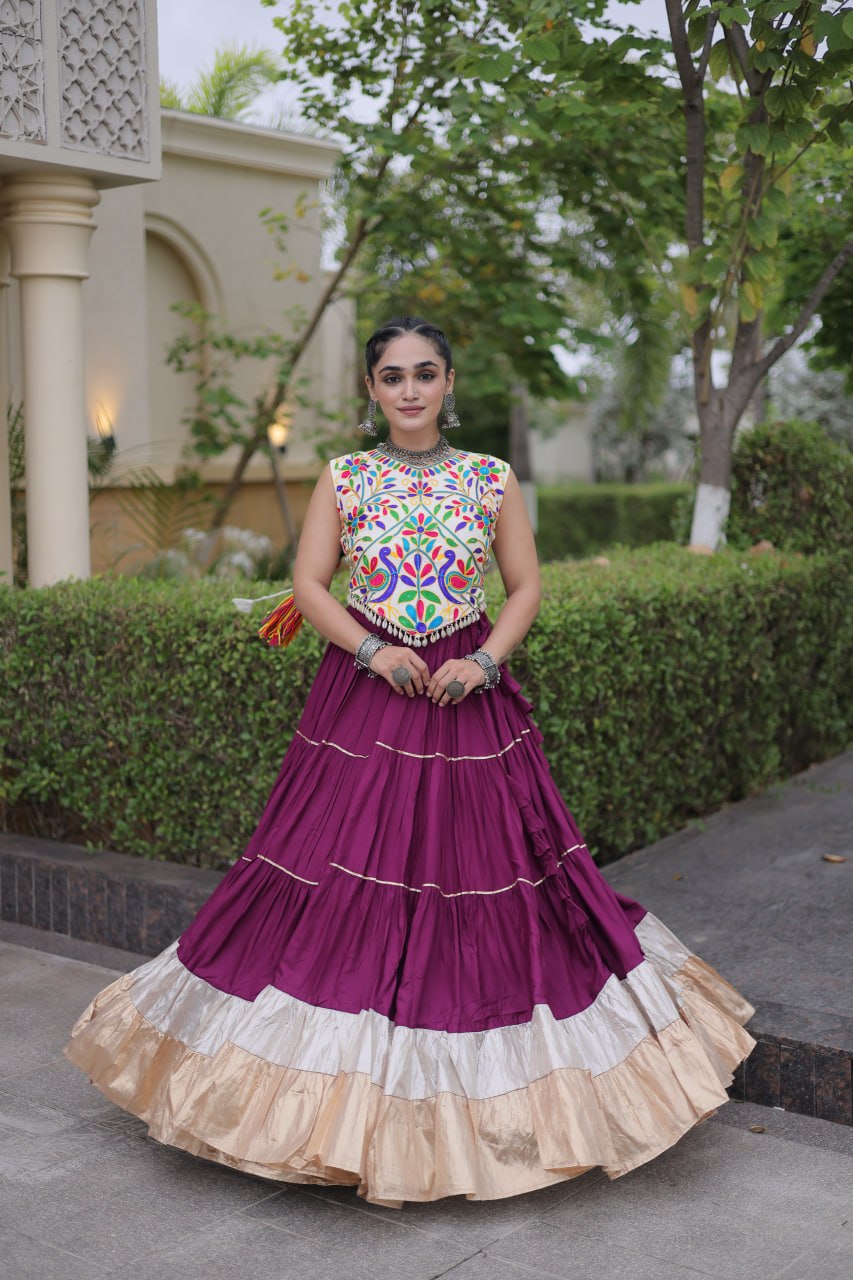 Plum Purple Kutchi Work Lehenga Choli with 12 Meter Flair