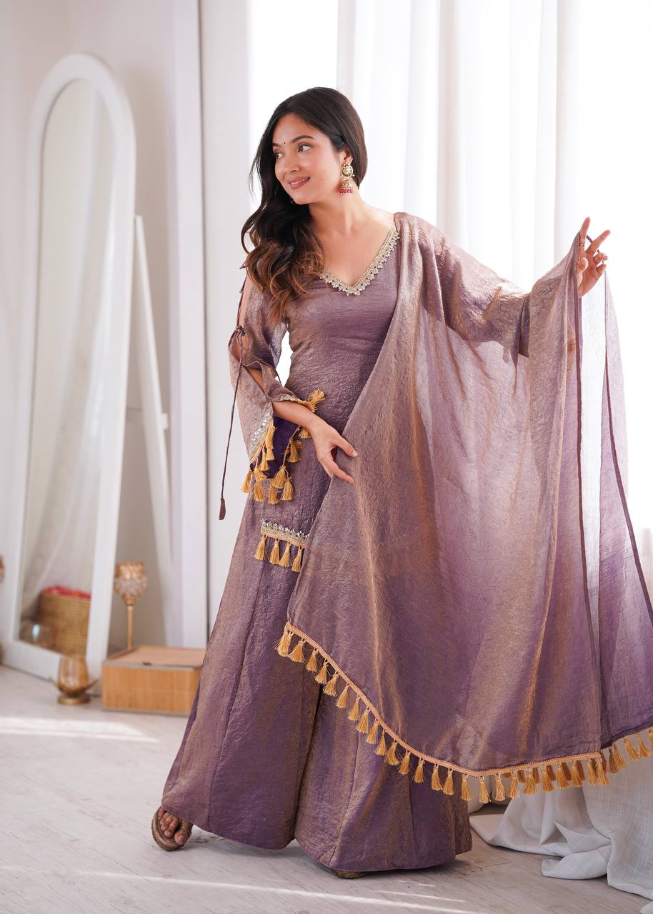Mauve Doremon Crush Palazzo Suit Set with Mirror Work Lace & Dupatta