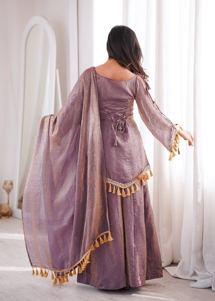 Mauve Doremon Crush Palazzo Suit Set with Mirror Work Lace & Dupatta