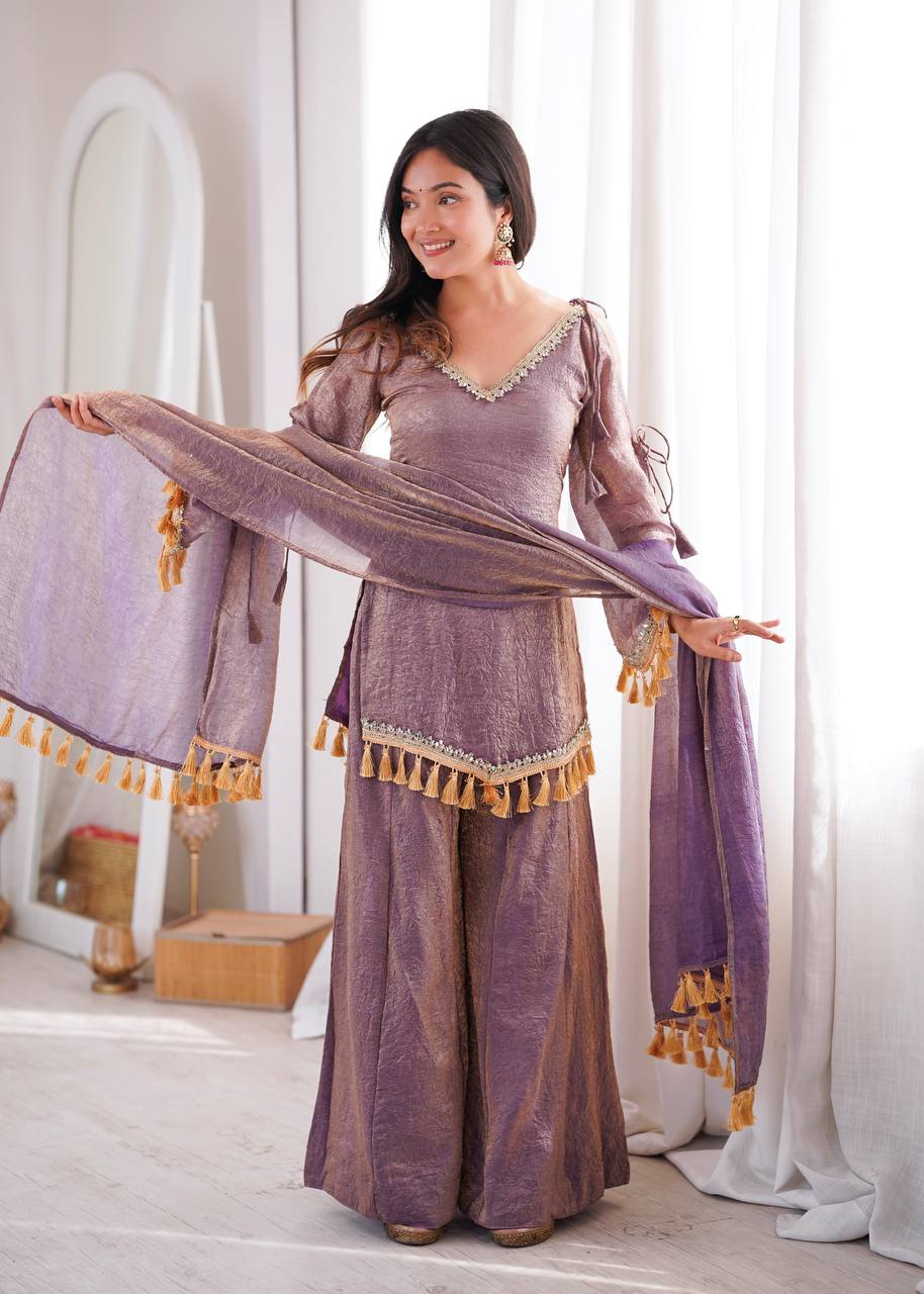 Mauve Doremon Crush Palazzo Suit Set with Mirror Work Lace & Dupatta