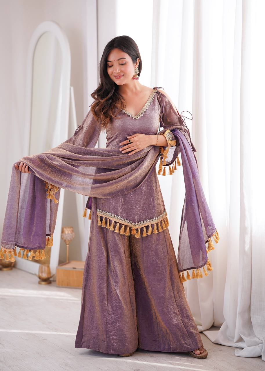 Mauve Doremon Crush Palazzo Suit Set with Mirror Work Lace & Dupatta