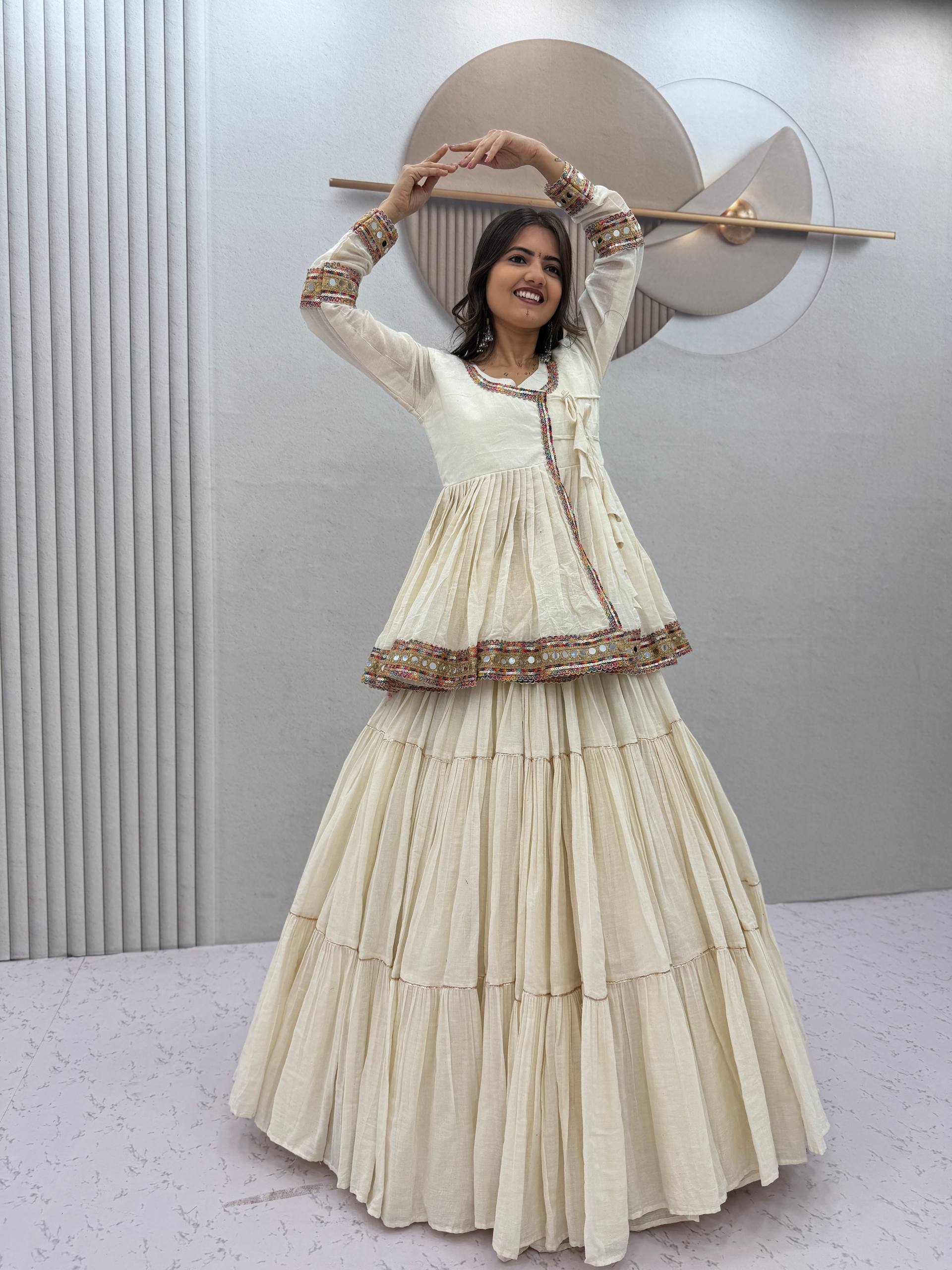 Ivory White Mirror Work Cotton Kediyu Lehenga Set with Multicolor Border