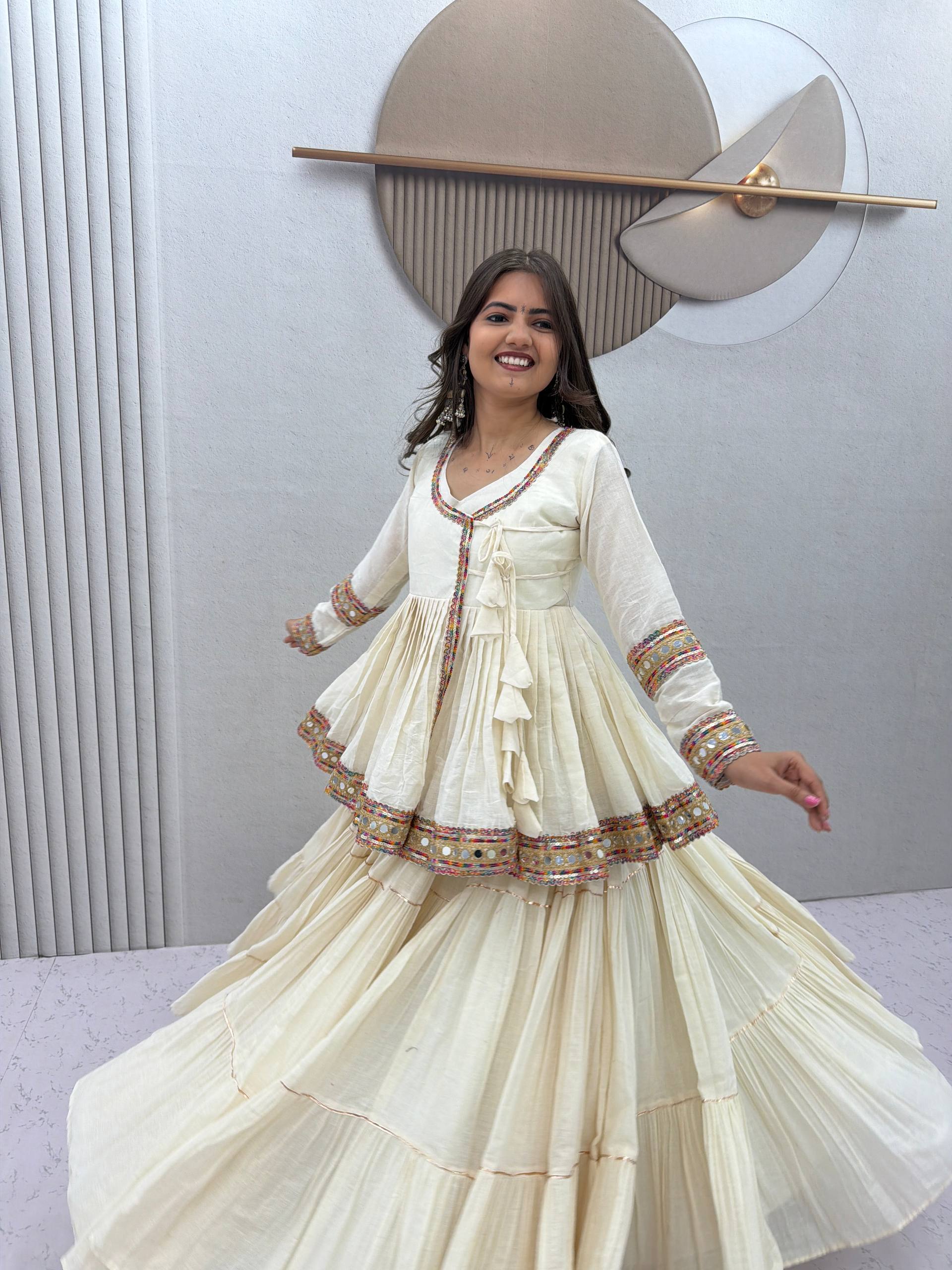 Ivory White Mirror Work Cotton Kediyu Lehenga Set with Multicolor Border