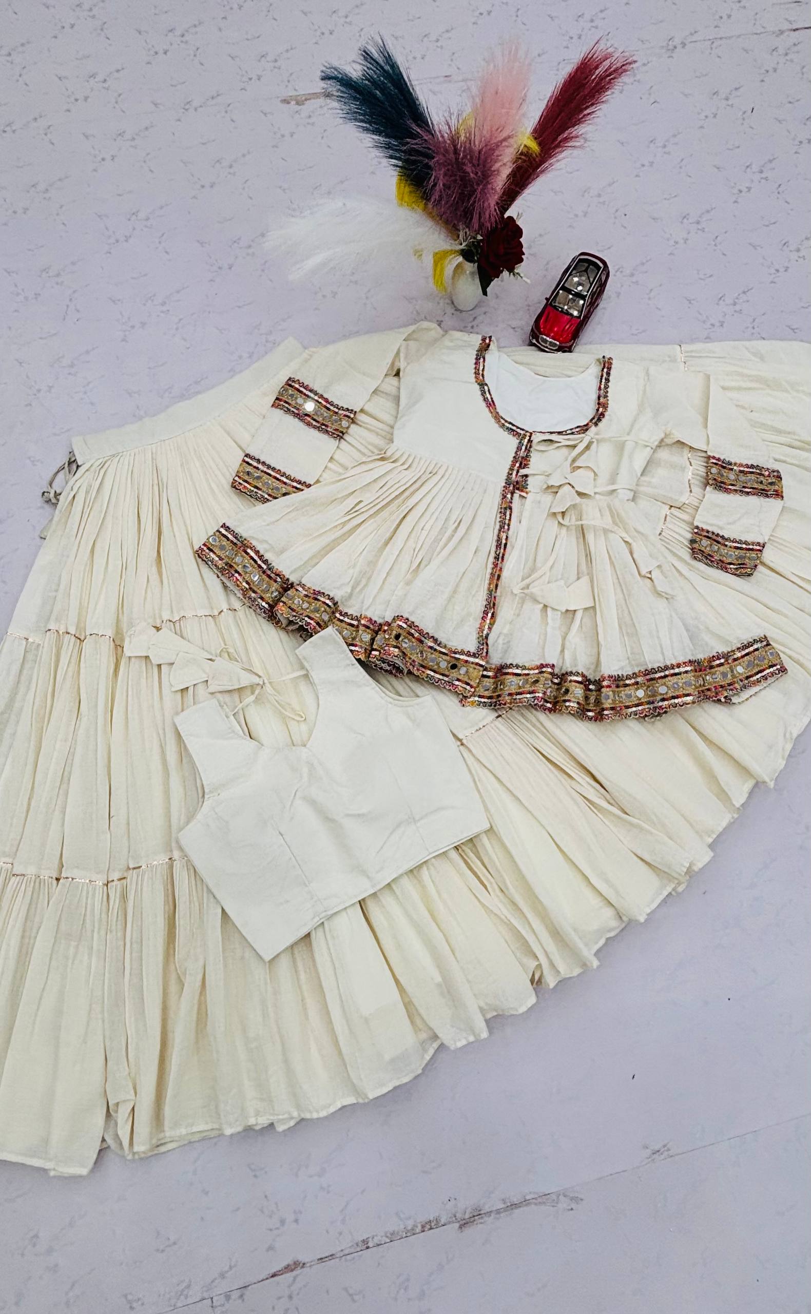 Ivory White Mirror Work Cotton Kediyu Lehenga Set with Multicolor Border