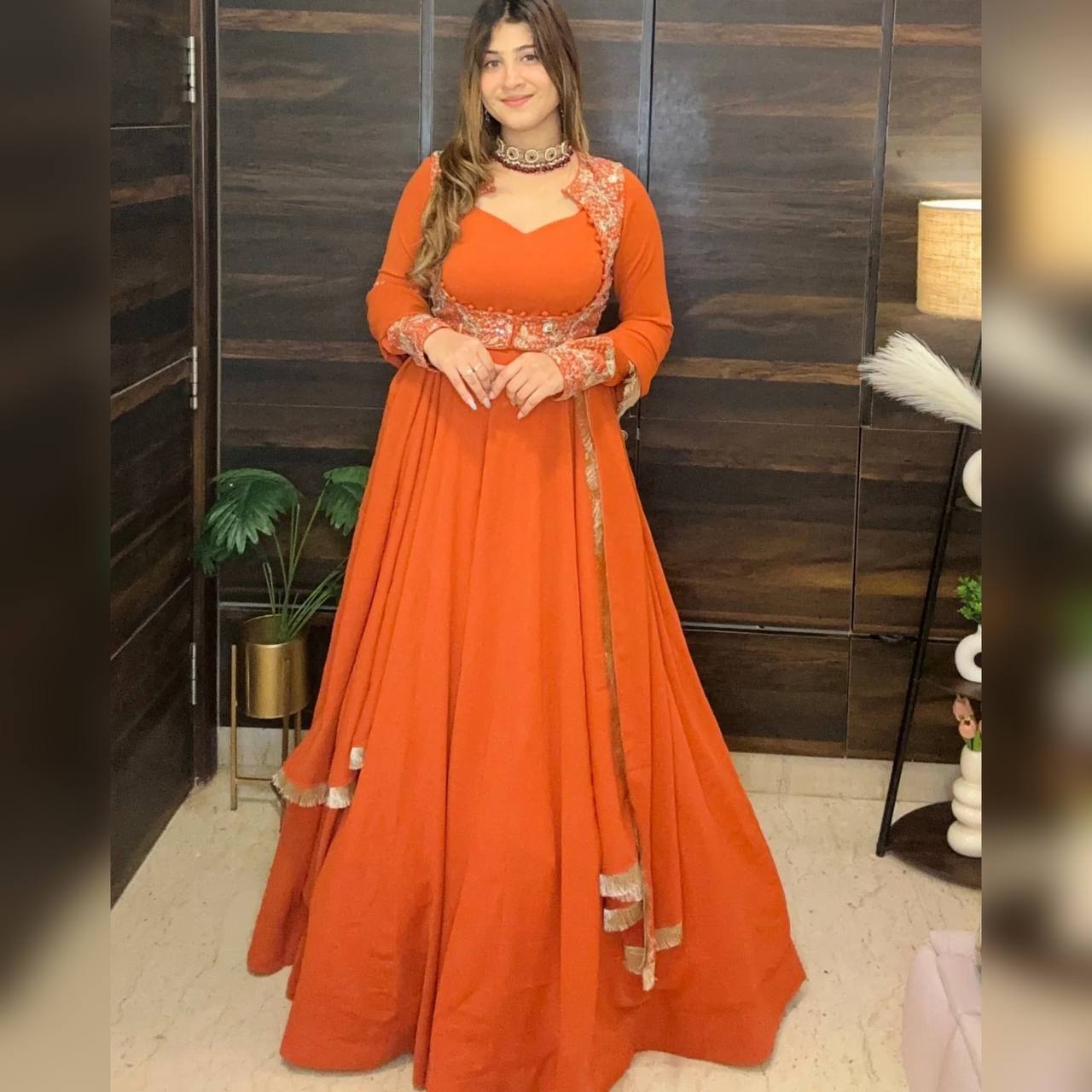 Orange Designer Maxi Anarkali Suit with Embroidered Koti & Dupatta