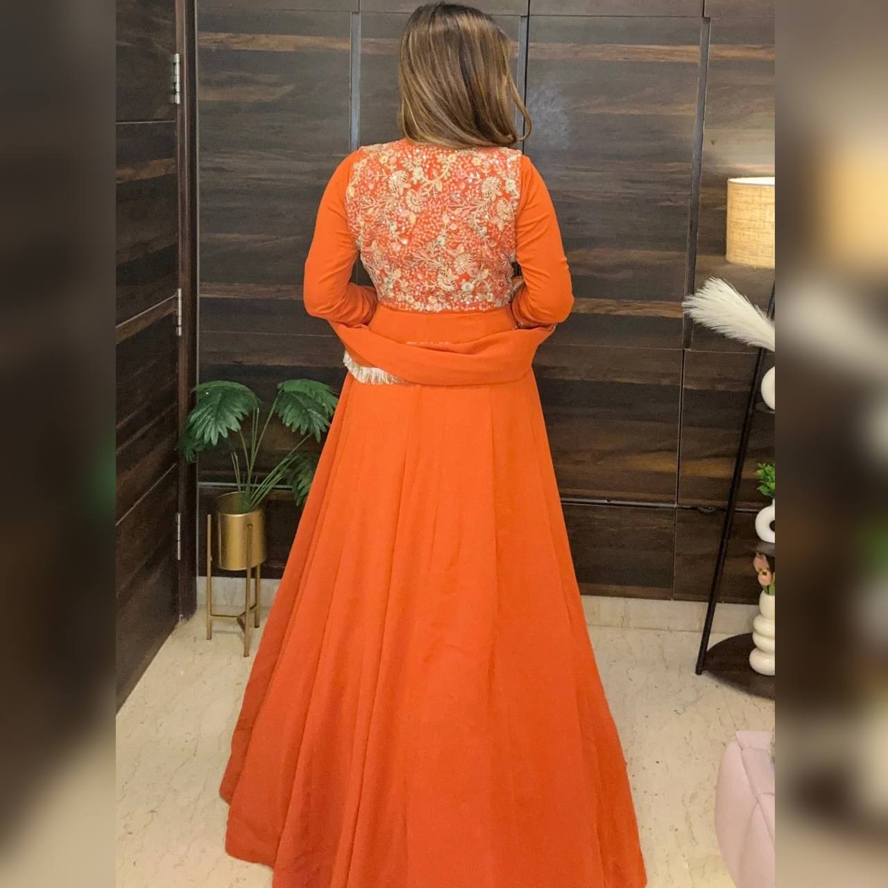 Orange Designer Maxi Anarkali Suit with Embroidered Koti & Dupatta