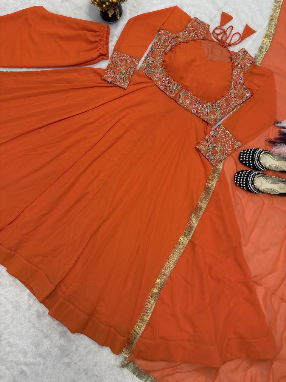 Orange Designer Maxi Anarkali Suit with Embroidered Koti & Dupatta