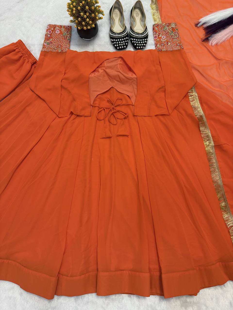 Orange Designer Maxi Anarkali Suit with Embroidered Koti & Dupatta