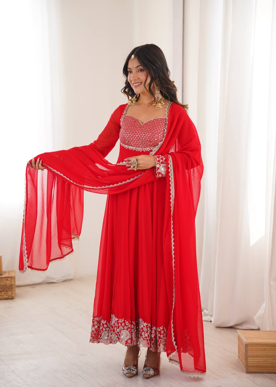Red Faux Georgette Embroidered Anarkali Gown with Dupatta Set