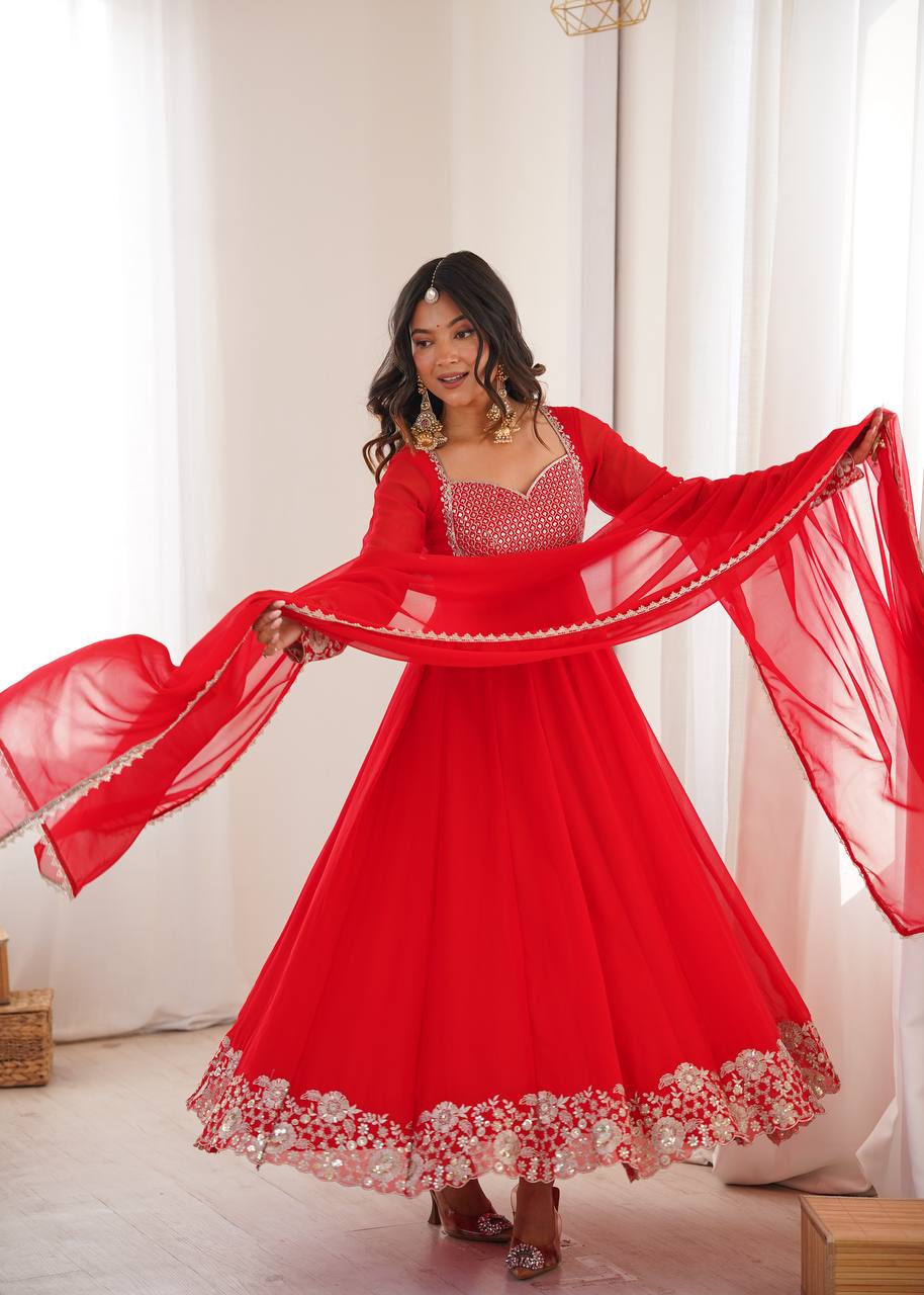 Red Faux Georgette Embroidered Anarkali Gown with Dupatta Set