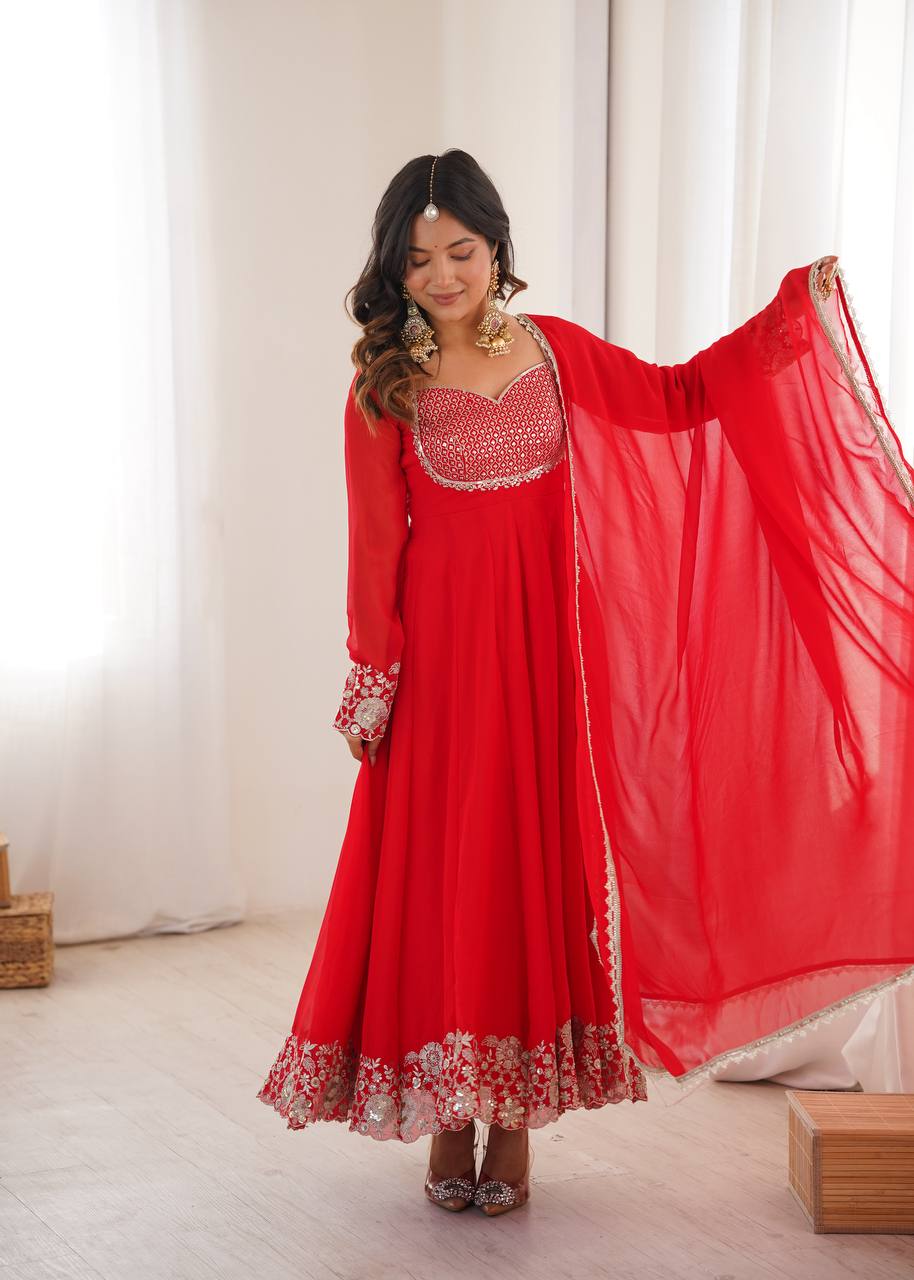 Red Faux Georgette Embroidered Anarkali Gown with Dupatta Set