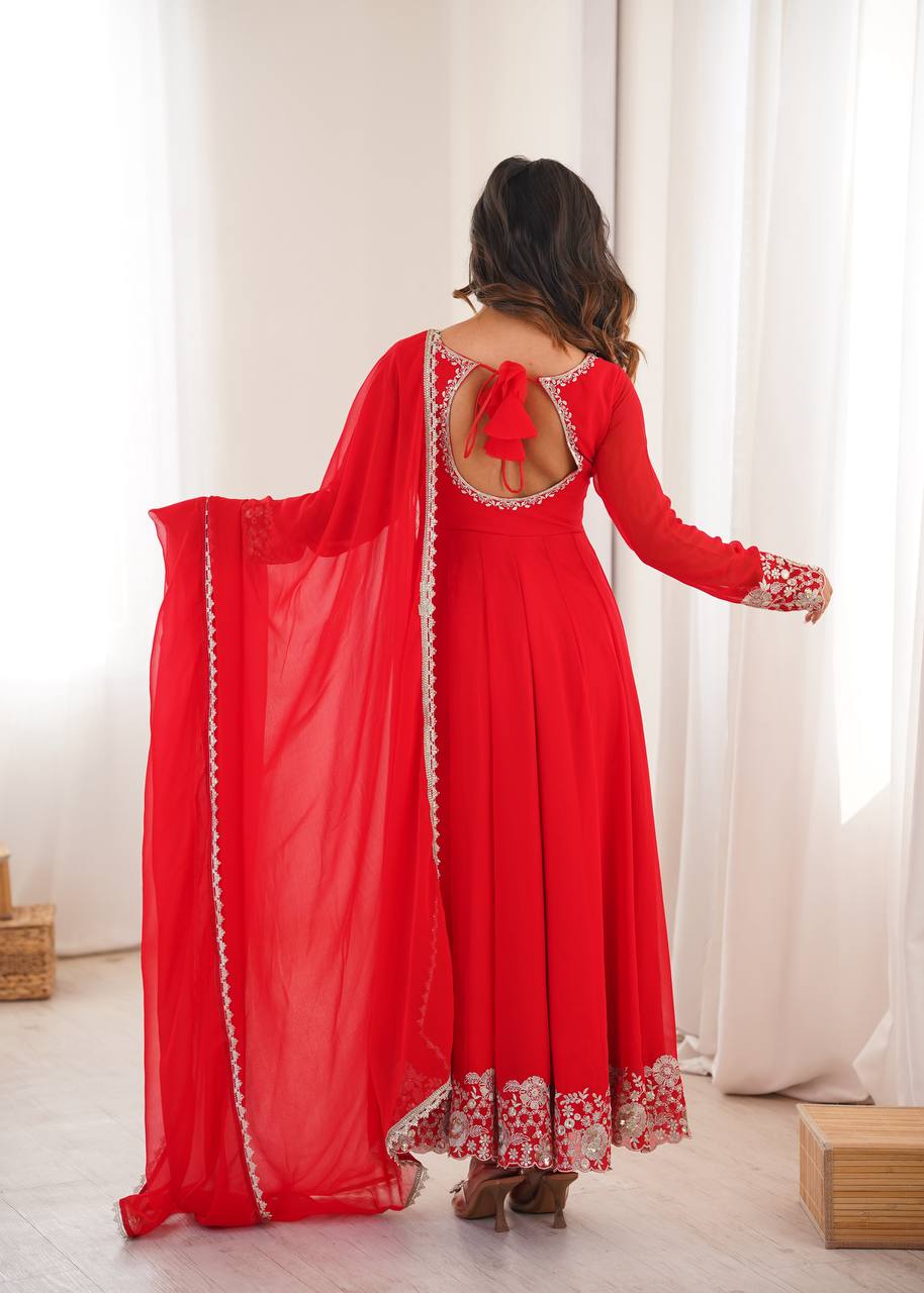 Red Faux Georgette Embroidered Anarkali Gown with Dupatta Set