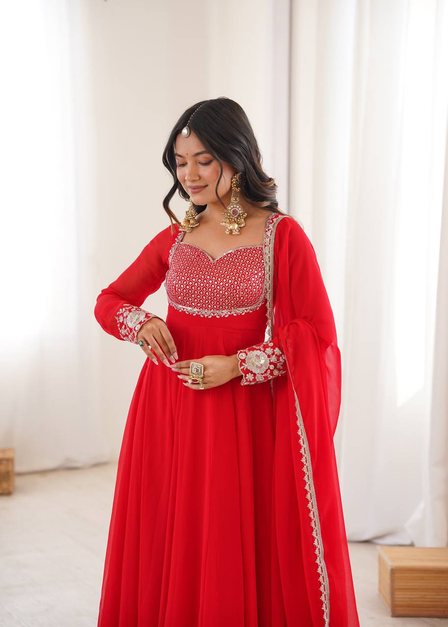 Red Faux Georgette Embroidered Anarkali Gown with Dupatta Set