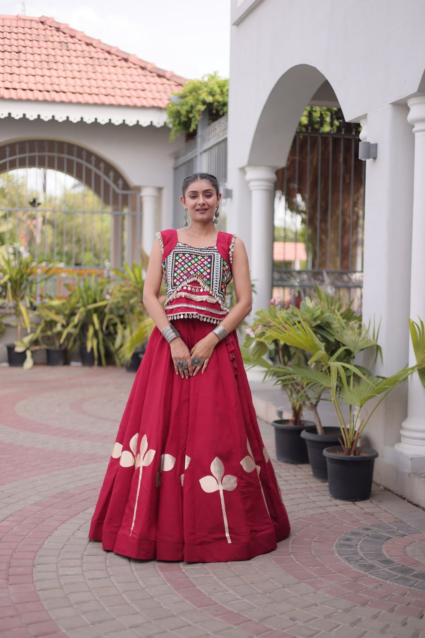 Maroon Mirror Work Pan-Patti Gota Lehenga Choli – 6 Meter Flair