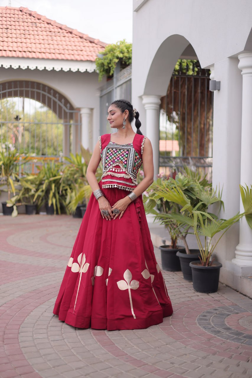 Maroon Mirror Work Pan-Patti Gota Lehenga Choli – 6 Meter Flair