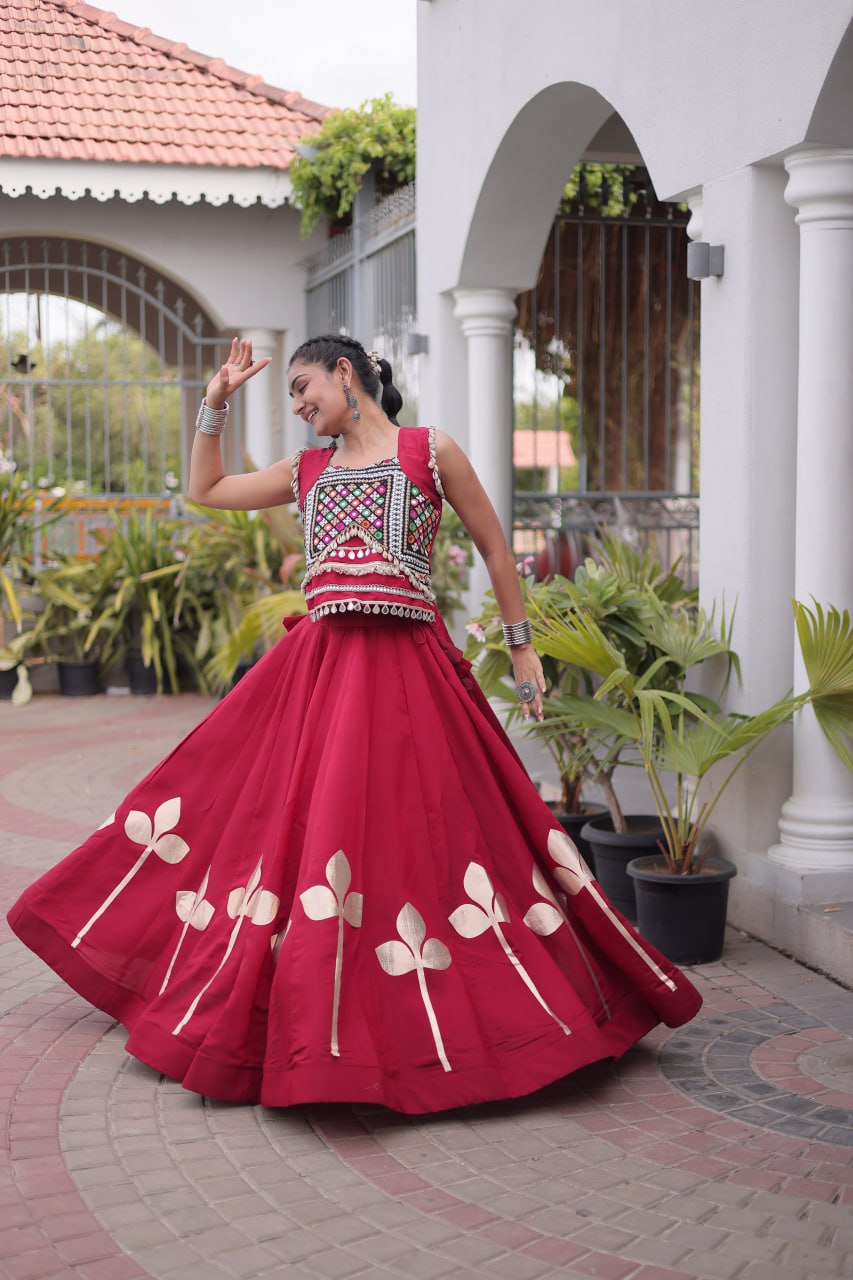 Maroon Mirror Work Pan-Patti Gota Lehenga Choli – 6 Meter Flair