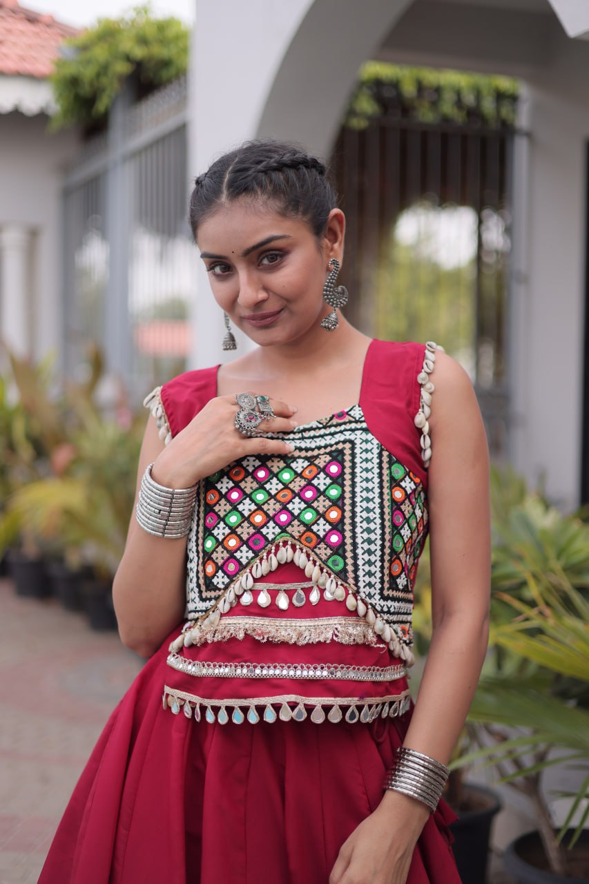 Maroon Mirror Work Pan-Patti Gota Lehenga Choli – 6 Meter Flair