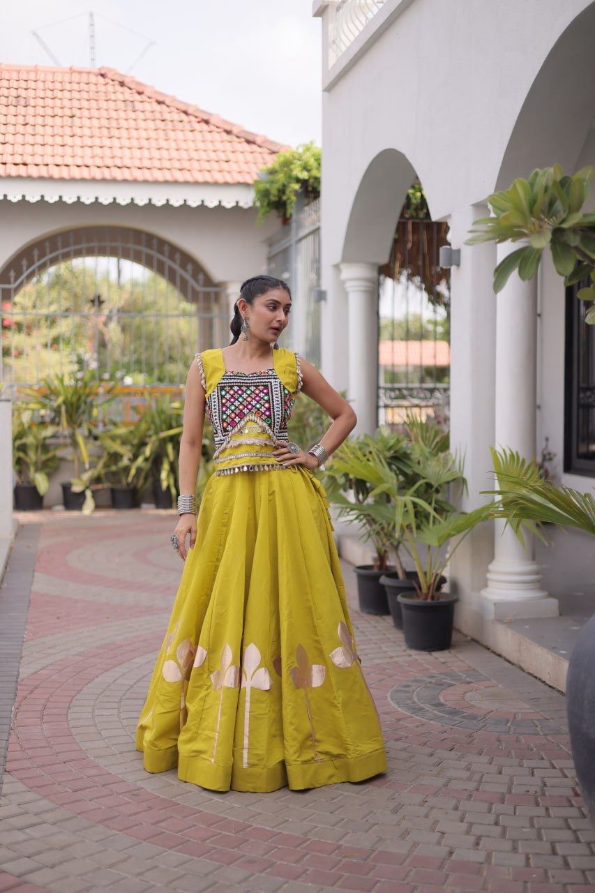 Mustard Yellow Mirror Work Pan-Patti Gota Lehenga Choli – 6 Meter Flair