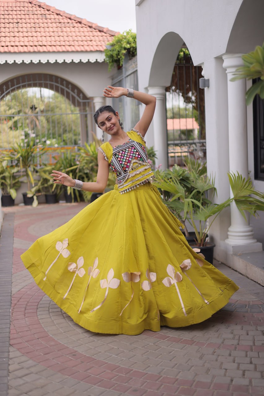 Mustard Yellow Mirror Work Pan-Patti Gota Lehenga Choli – 6 Meter Flair