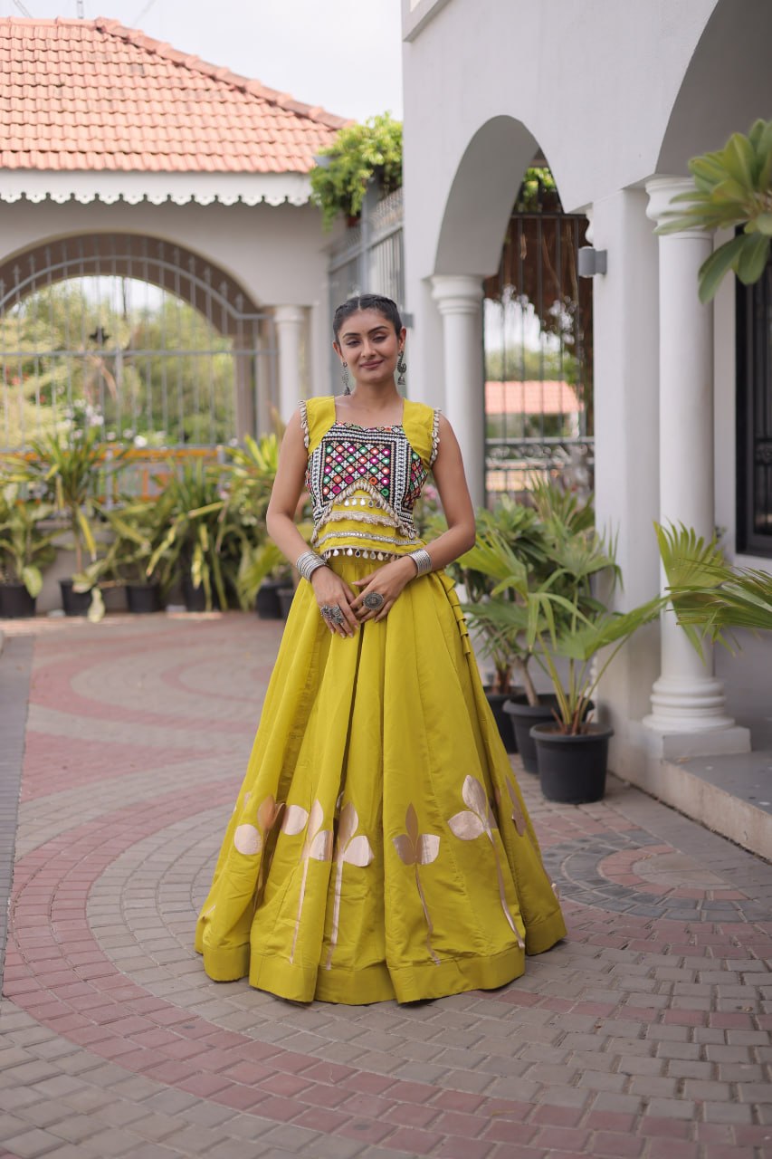 Mustard Yellow Mirror Work Pan-Patti Gota Lehenga Choli – 6 Meter Flair