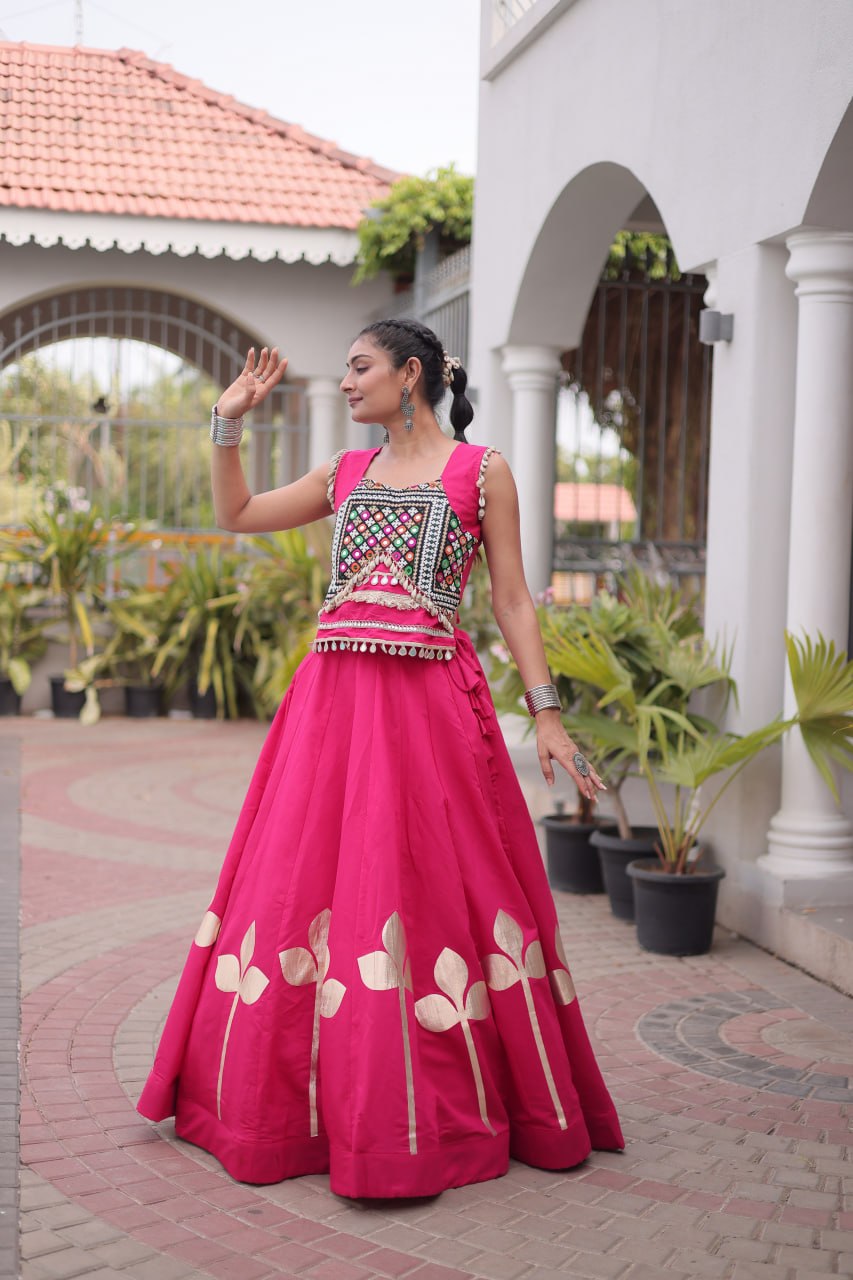 Fuchsia Pink Mirror Work Pan-Patti Gota Lehenga Choli – 6 Meter Flair