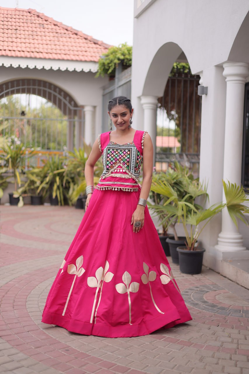 Fuchsia Pink Mirror Work Pan-Patti Gota Lehenga Choli – 6 Meter Flair
