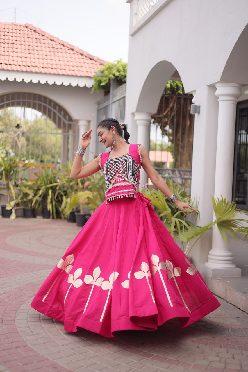 Fuchsia Pink Mirror Work Pan-Patti Gota Lehenga Choli – 6 Meter Flair
