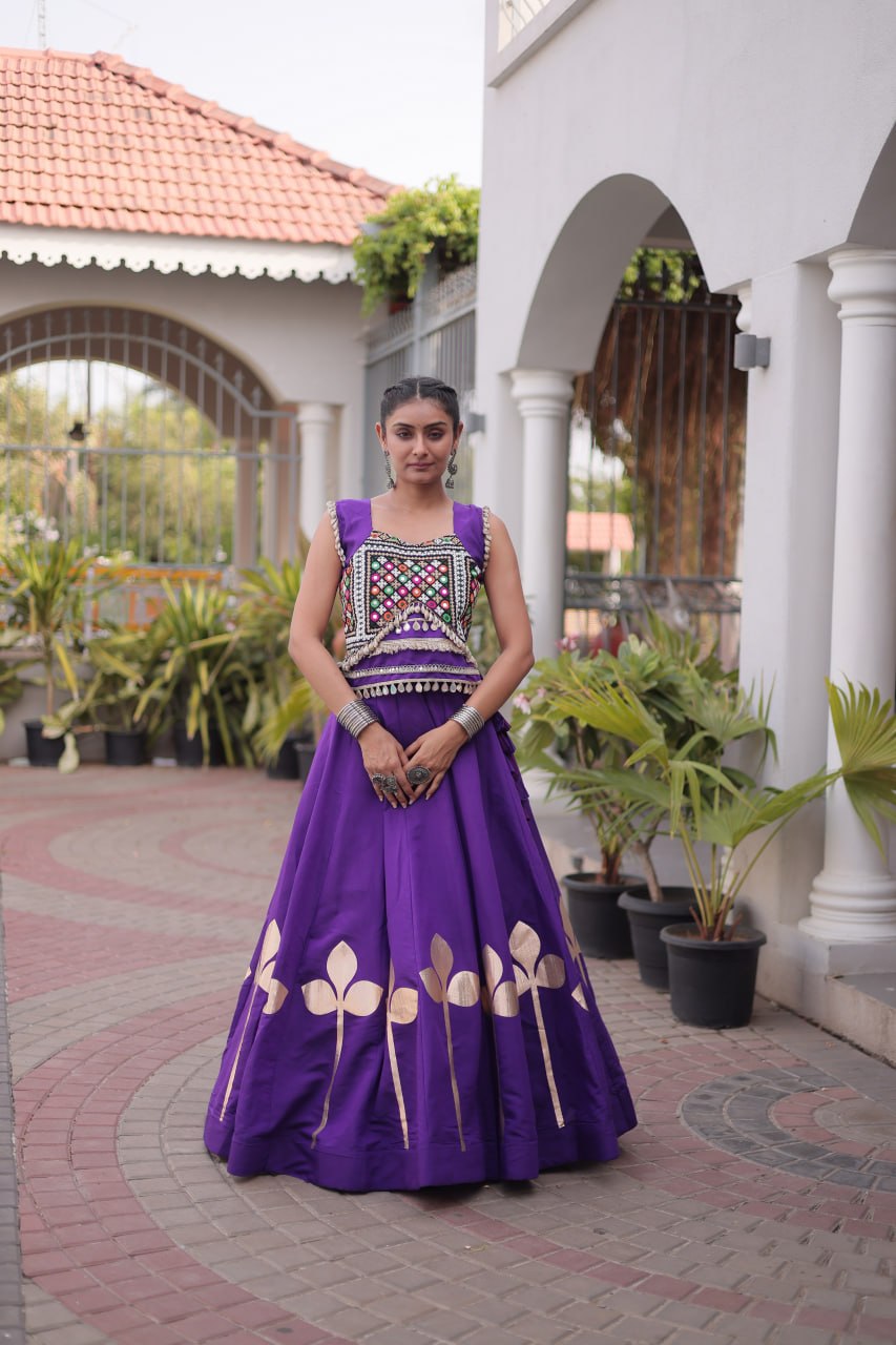 Royal Purple Mirror Work Pan-Patti Gota Lehenga Choli – 6 Meter Flair