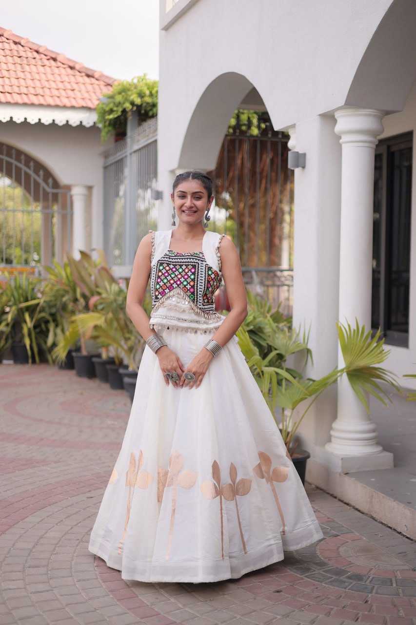 Ivory White Mirror Work Pan-Patti Gota Lehenga Choli – 6 Meter Flair