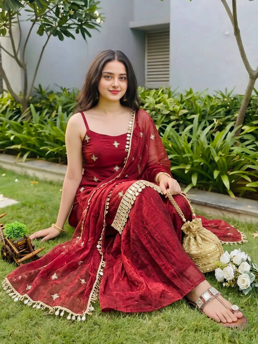 Maroon Color Trending Fendy Silk Kurti Sharara Set with Mirror Work