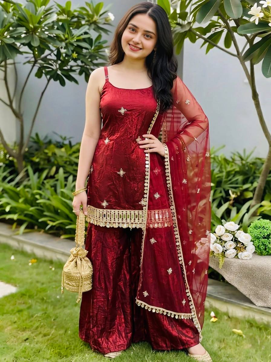 Maroon Color Trending Fendy Silk Kurti Sharara Set with Mirror Work