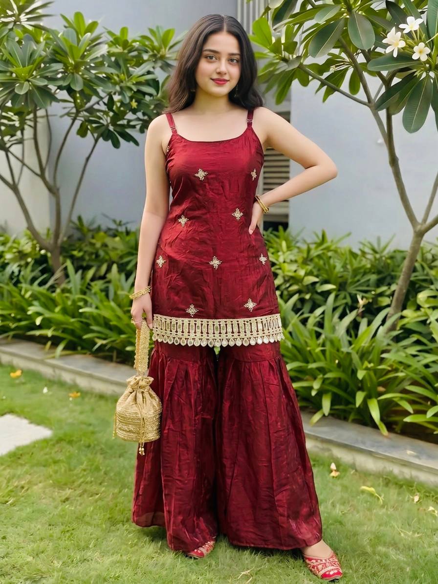 Maroon Color Trending Fendy Silk Kurti Sharara Set with Mirror Work