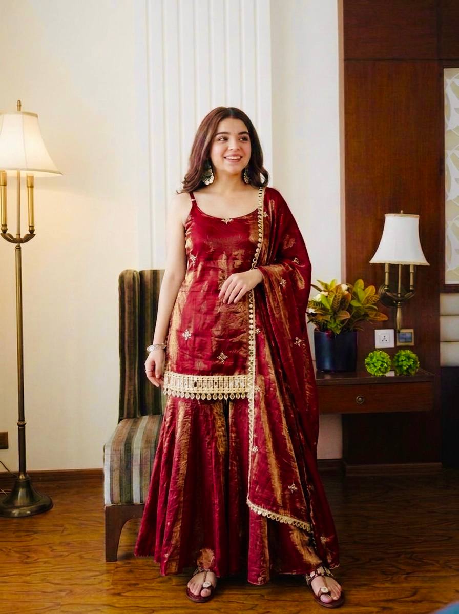 Maroon Color Trending Fendy Silk Kurti Sharara Set with Mirror Work