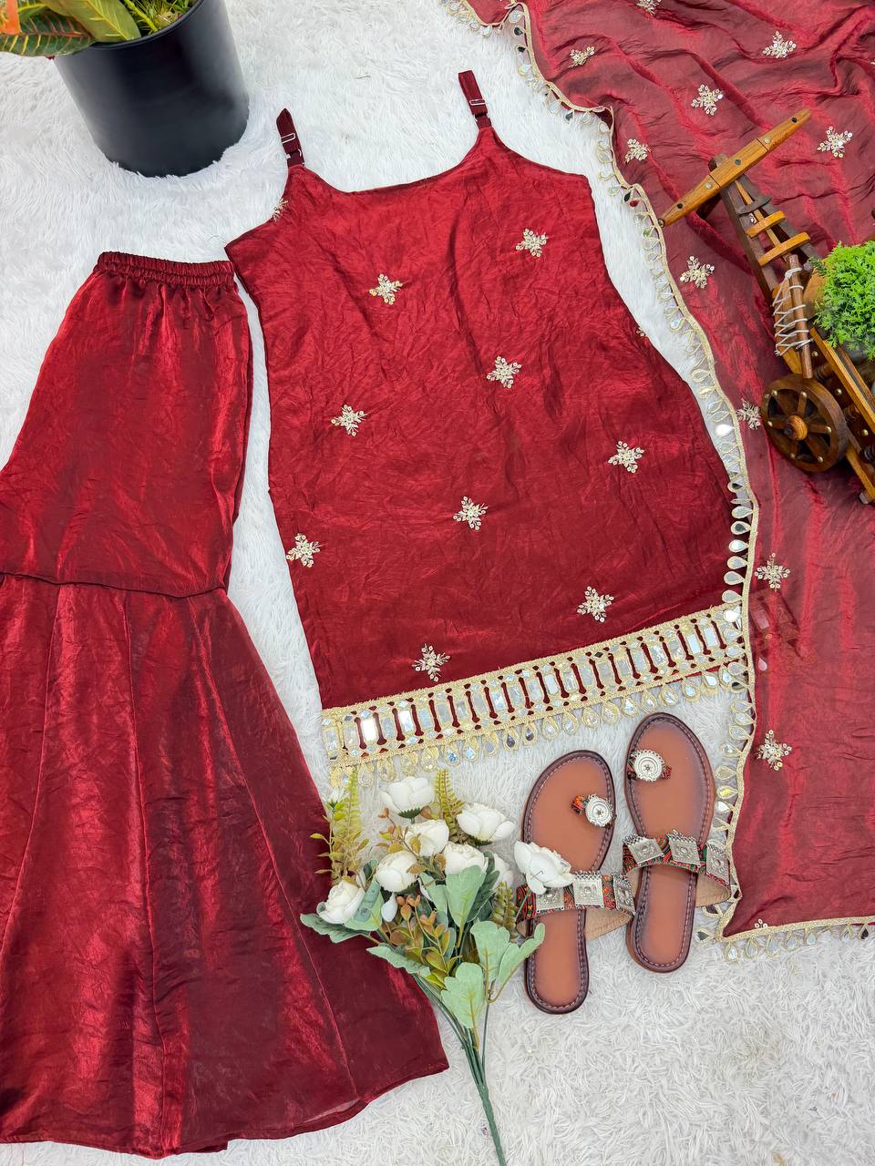 Maroon Color Trending Fendy Silk Kurti Sharara Set with Mirror Work