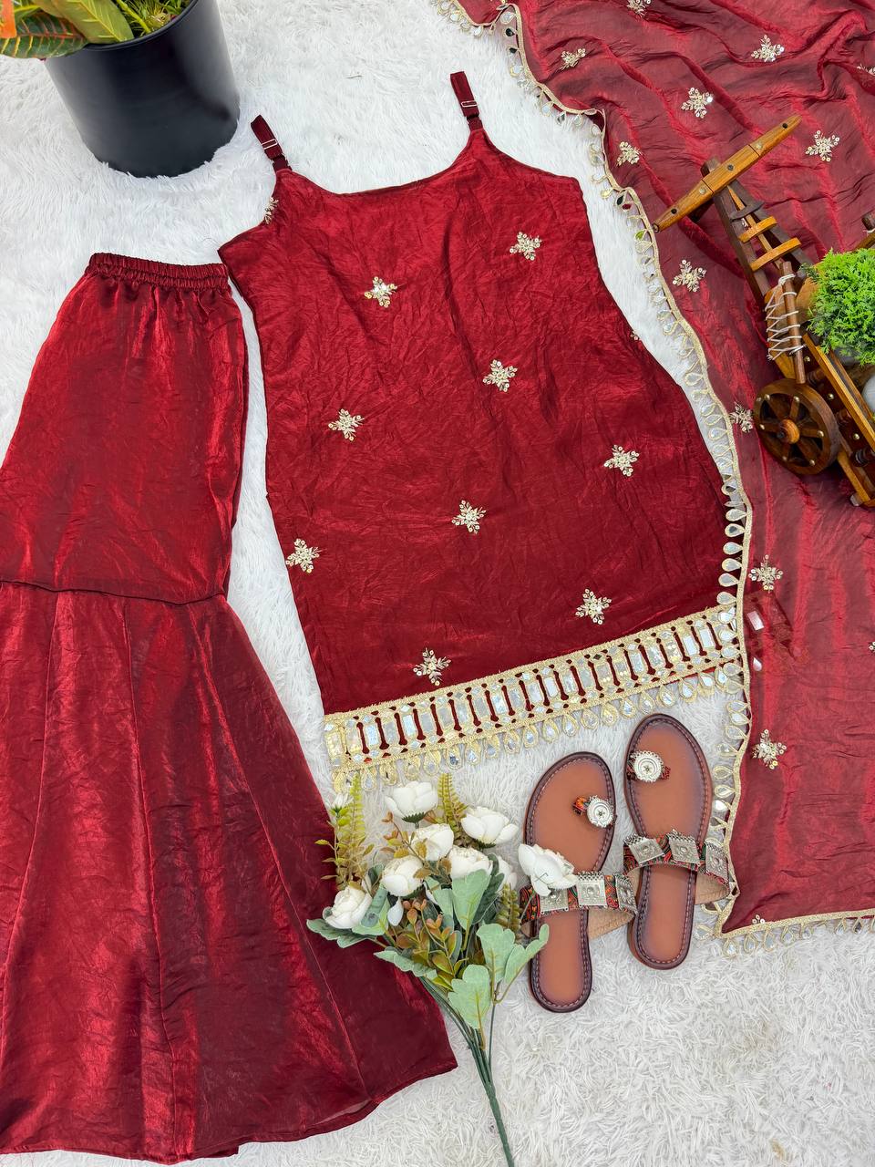 Maroon Color Trending Fendy Silk Kurti Sharara Set with Mirror Work