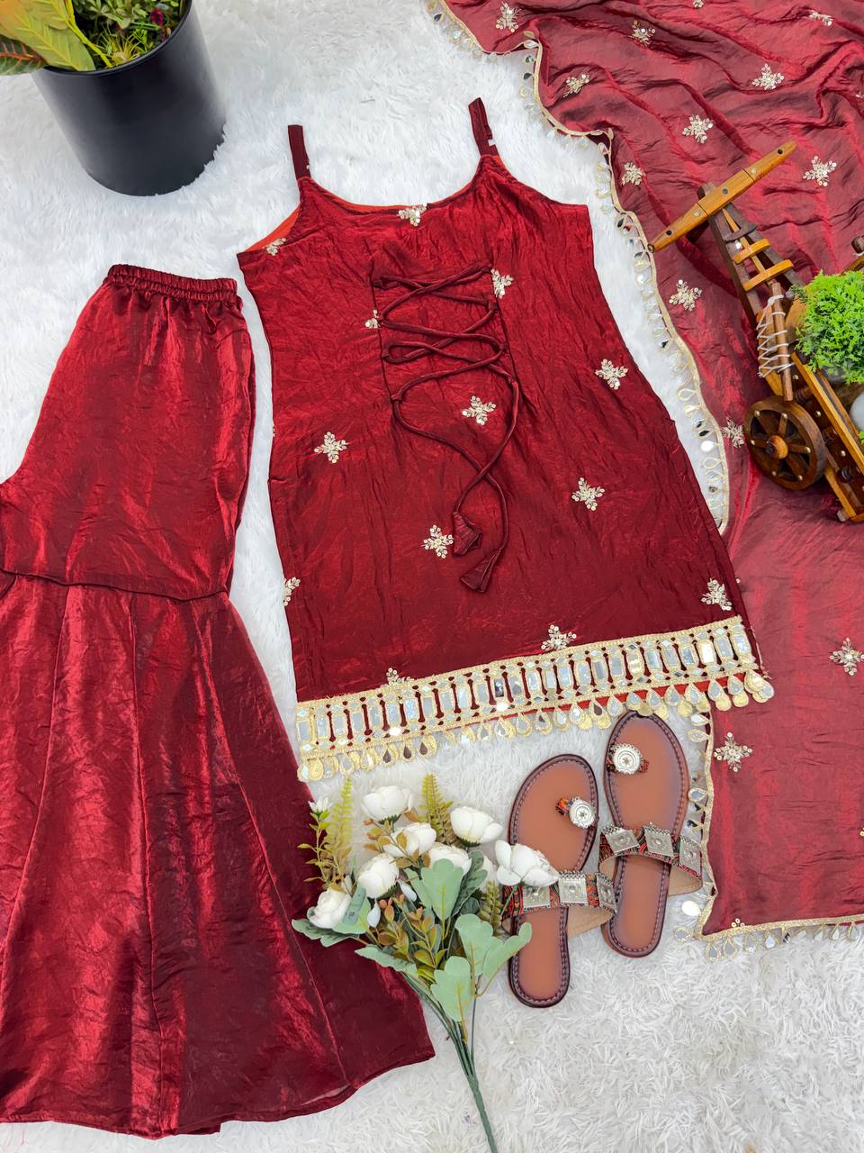 Maroon Color Trending Fendy Silk Kurti Sharara Set with Mirror Work