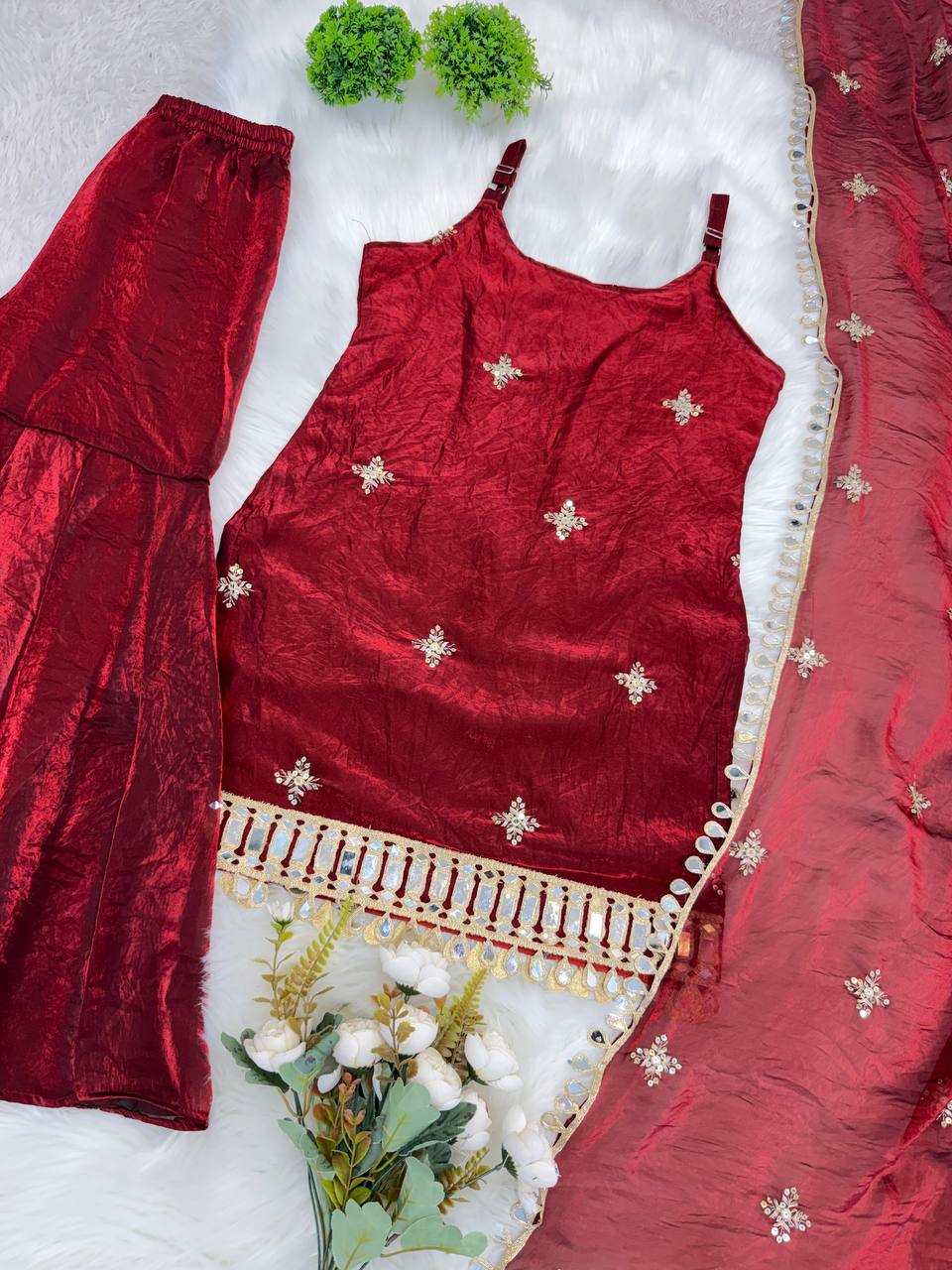 Maroon Color Trending Fendy Silk Kurti Sharara Set with Mirror Work