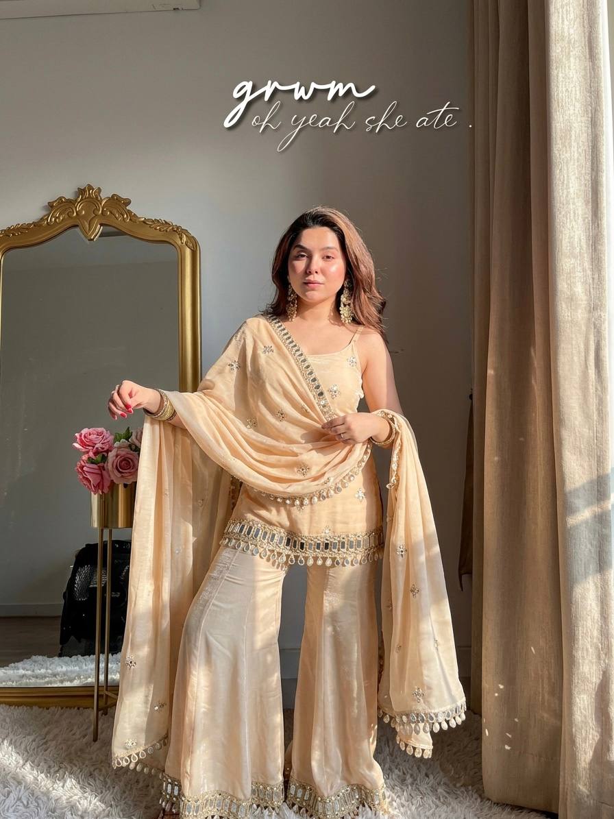 Ivory Beige Color Trending Fendy Silk Kurti Sharara Set with Mirror Work