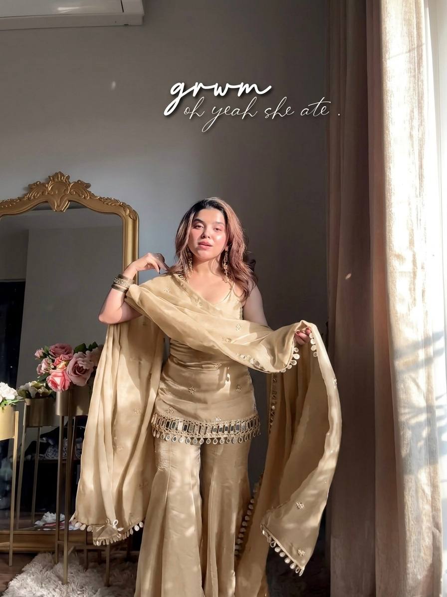 Ivory Beige Color Trending Fendy Silk Kurti Sharara Set with Mirror Work