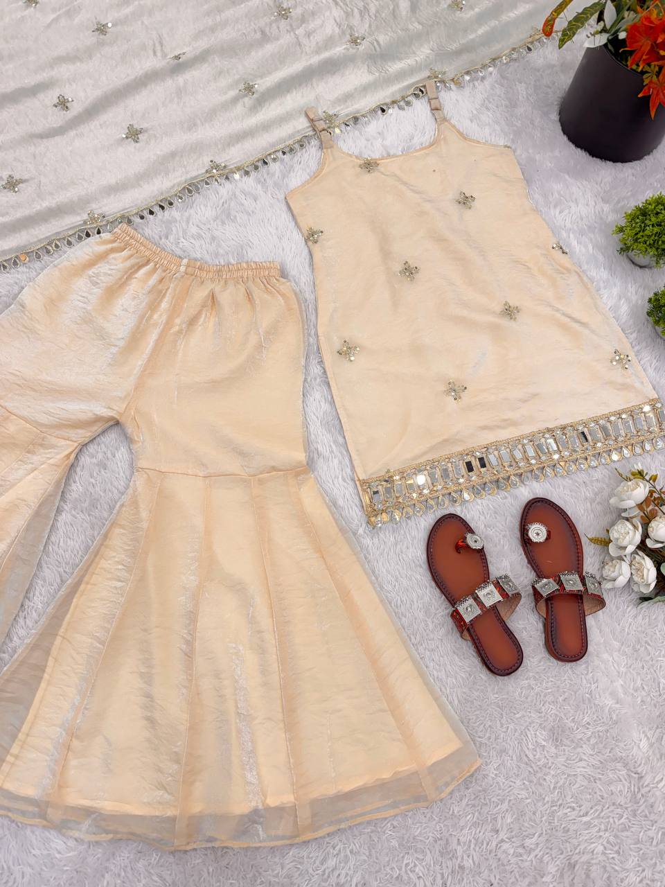 Ivory Beige Color Trending Fendy Silk Kurti Sharara Set with Mirror Work