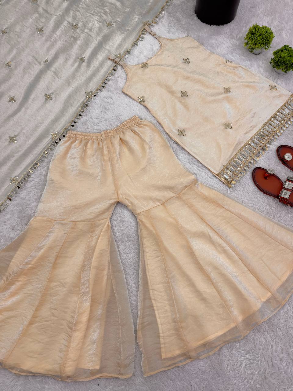 Ivory Beige Color Trending Fendy Silk Kurti Sharara Set with Mirror Work