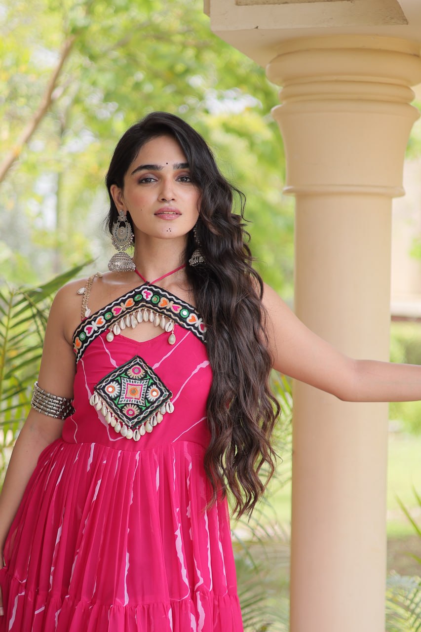 Rani Pink Kutchi Patchwork Laheriya Gown | 12 Meter Flair | Navratri 2026