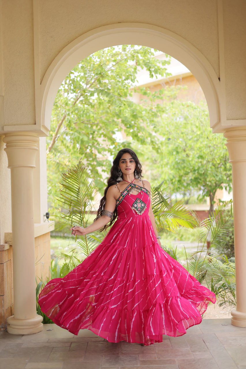 Rani Pink Kutchi Patchwork Laheriya Gown | 12 Meter Flair | Navratri 2026